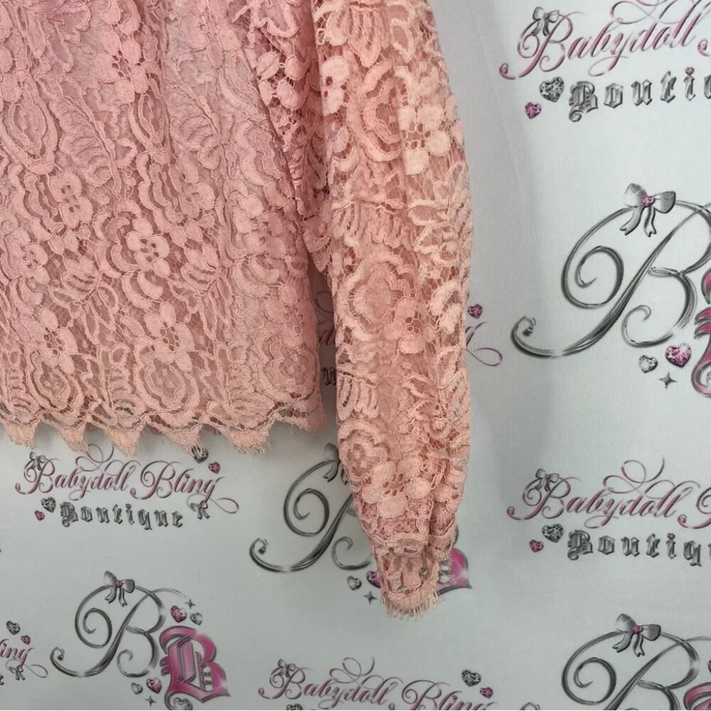 Long sleeve lace top zip up back luxe light baby peach Pink Lace Women's Top